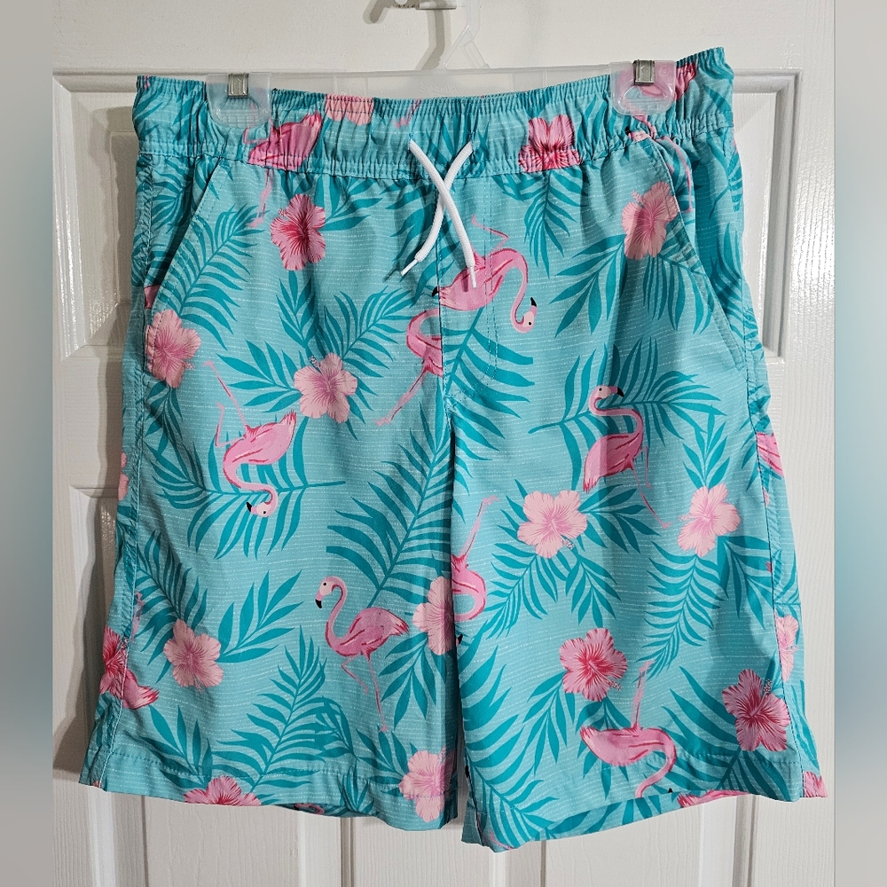 Surplus Swim Trunks Men Medium Blue Pink Flamingo Floral 10” Inseam Tropical Y2K - Picture 2 of 6
